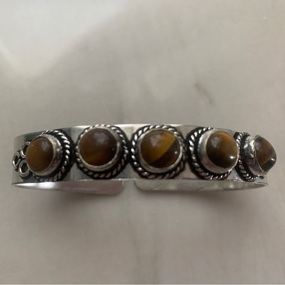 1946 Silver Cuff Bracelet with Tiger Eye Stone Accents